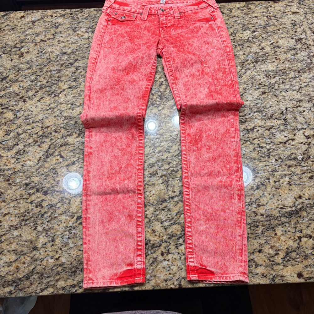 True Religion World Tour Skinny Jeans Red Acid Wash Crystal Embellished Size 28